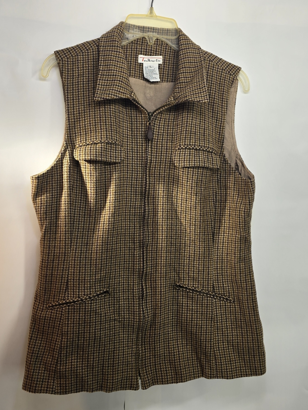 Talbots Brown Houndstooth Zip-Front Sleeveless Vest